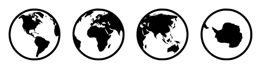 Obraz premium Four globe icons displayed horiz… set with simple line art design featuring outline, illustration, graphic elements with clean design and vector art