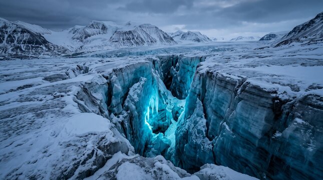 Massive glacier ice cave with glowing sapphire blue interior opening surrounded by crevassed snow fields