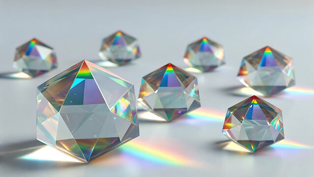 Group of clear faceted crystal polyhedrons creating rainbow light refractions
