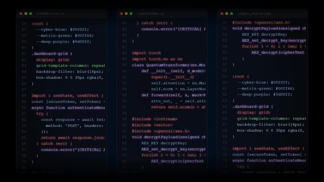Three sidebyside code editor windows displaying javascript, python, and c programming languages on a dark background