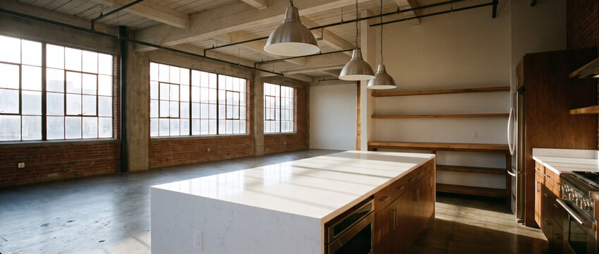 An empty open loft kitchen featuring exposed concrete, large windows, and industrial design elements. 