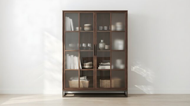 Elegant dark wood display cabinet filled with books and decorative objects in a minimalist interior setting