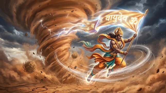 Powerful hindu deity vayudev holding a golden flag amidst a fierce desert tornado storm scene