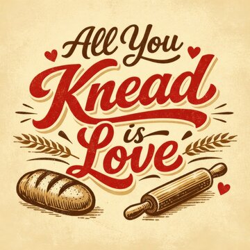 All You Knead Is Love Vintage Retro Baking Illustration With Bread Loaf And Rolling Pin Wheat Stalks Hearts Crafted Hand Drawn Typography Design For Kitchen Wall Art