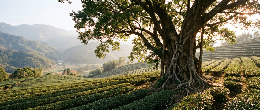 An ancient large tree stands beside orderly terraced tea plantations, with misty mountains in the background under soft sunlight.