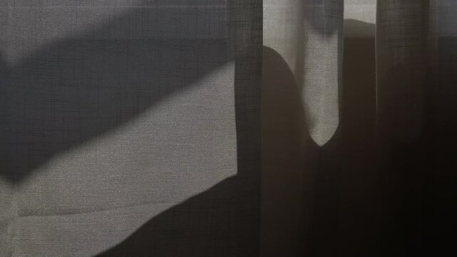 Soft natural breeze blows sheer linen curtains, fabric sways gently. Warm sunlight filters through translucent gauze, creating flowing shadow shapes on the textile, peaceful indoor window scene.