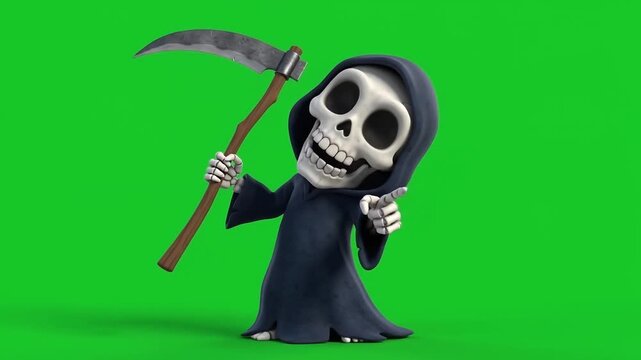 Cute grim reaper cartoon character for halloween with scythe on green screen