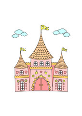 Fototapeta premium Enchanted pink princess palace with heart decorations. Whimsical fairytale mansion graphic asset.
