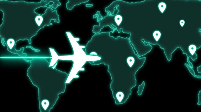 Neon airplane over world map with location pins animation