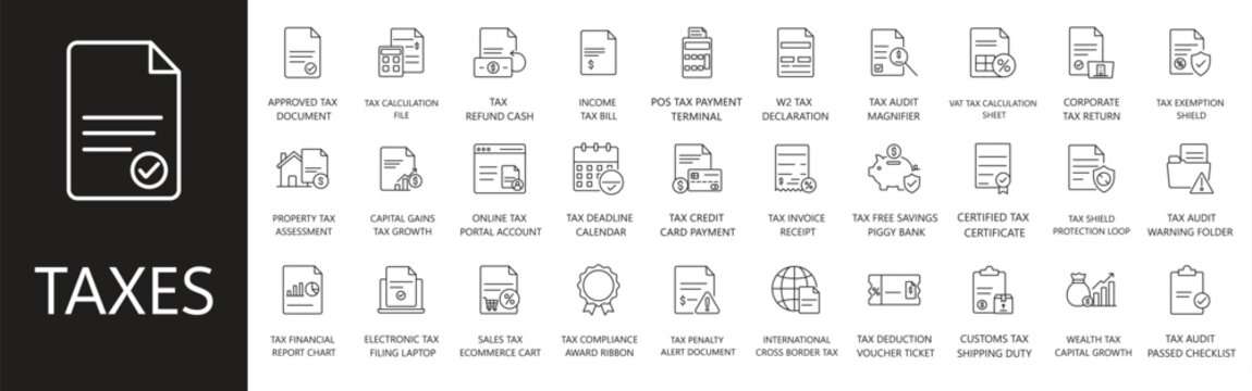 Taxes and accounting line icon set. Featuring tax return, corporate tax, income tax, tax audit, and tax refund. Editable vector glyphs for financial planning and corporate compliance