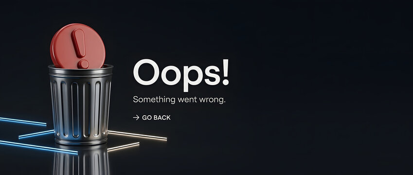 3D Render of a Creative Error Message Interface Featuring a Metallic Trash Bin and Red Exclamation Mark Icon with Oops Something Went Wrong Text for UI UX Website and ATM Failure Page Design