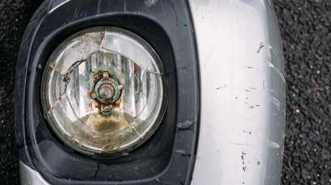 Damaged car headlight with cracked glass and scratches on silver bumper