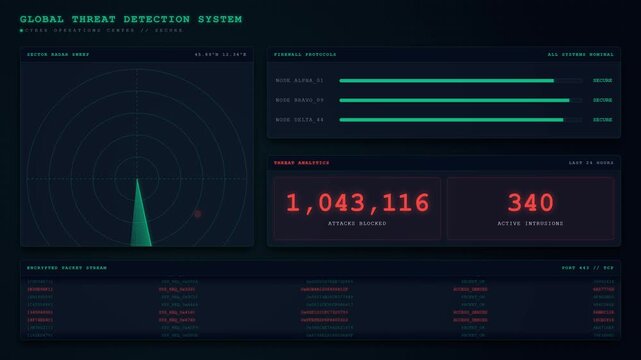 A flat design 2D motion graphics cybersecurity dashboard featuring radar sweeps, firewall statuses, alert counters, and secure data streams.