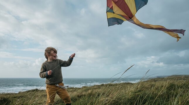Young boy flying a colorful kite on a grassy hillside by the sea  