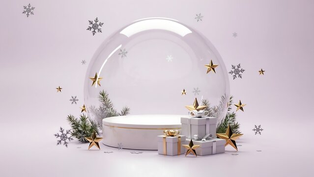 Empty white product display podium inside a glass snow globe with golden stars and gift boxes