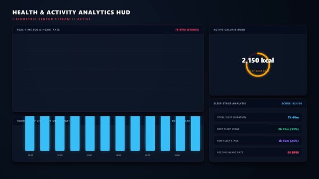A flat design 2D motion graphics personal health tracking dashboard featuring daily step-count progress bars, heart rate rhythm pulse graphs, calorie burn percentage rings, and modular layout elements