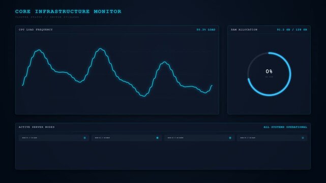 A flat design 2D motion graphics tech dashboard monitoring server performance with real-time fluctuating CPU usage sine waves, memory allocation progress rings, pulsing active node status dots, and a