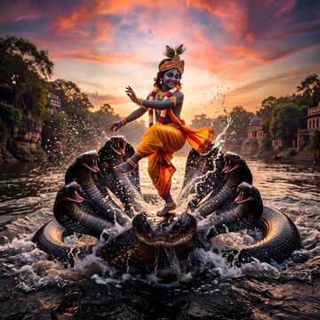 Lord krishna dancing on the multi-headed serpent kaliya in the river at sunset golden hour