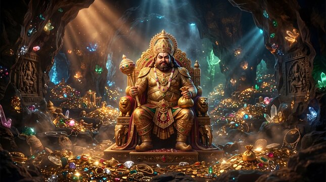 Lord kubera sitting on golden throne surrounded by ancient treasure and glowing gemstones