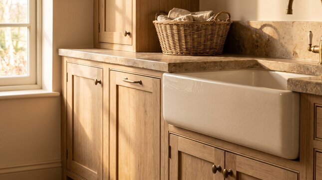 Farmhouse kitchen sink cabinet with deep fireclay apron-front sink  