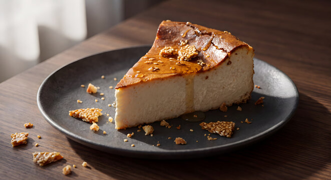 Burnt basque cheesecake slice with honey and sesame seeds on dark plate for dessert.