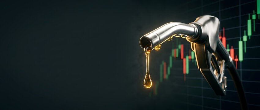 Close up of a fuel nozzle with a drop of oil dripping against a background of a financial candlestick chart, representing the fluctuation of global oil prices and energy market trends.