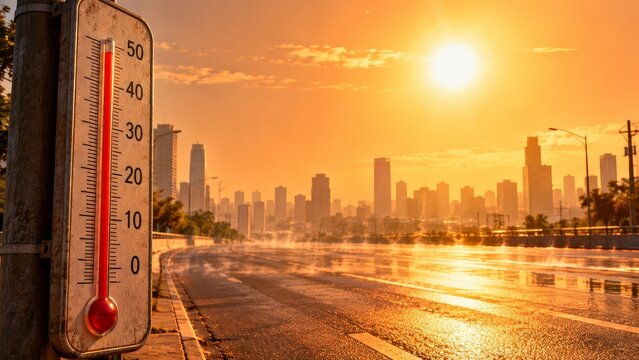 Urban Heatwave Thermometer Beside Empty City Road at Sunset