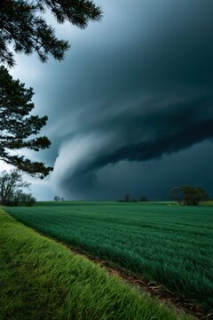 Stormfront with a wrapping tornado funnel over a green farmland framed by trees for background and dramatic banner design
