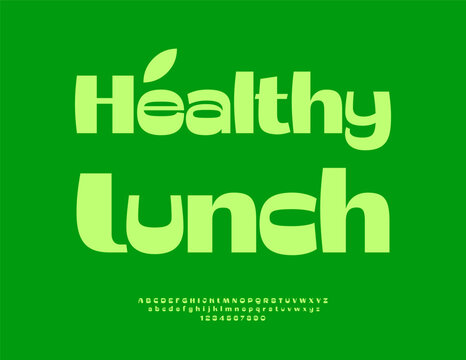 Vector Eco flyer Healthy Lunch with Decorative Leaf. Typography Modern Green Font. Creative Alphabet Letters and Number set.