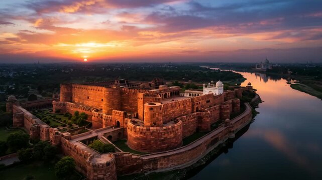aerial view of agra fort in uttar pradesh india at sunset cinematic landscape video