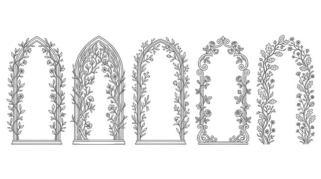 Minimalist Line Art Archway Floral Frames with Vine Borders