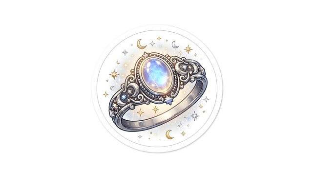 Ornate silver moonstone ring sticker featuring celestial moon and star motifs with glowing magical gemstone on white circular background