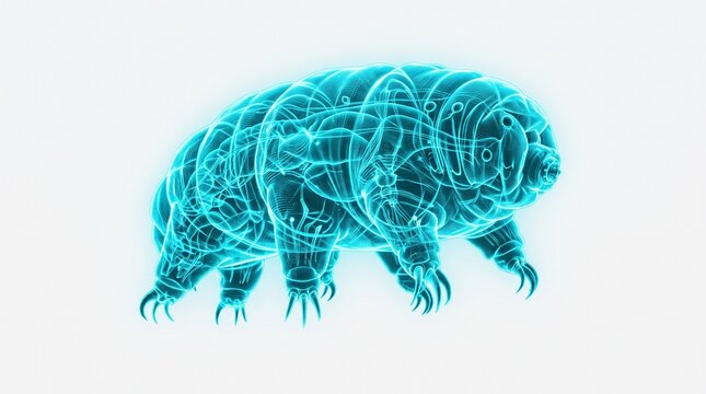 Bright blue holographic visual of microscopic water bear tardigrade.