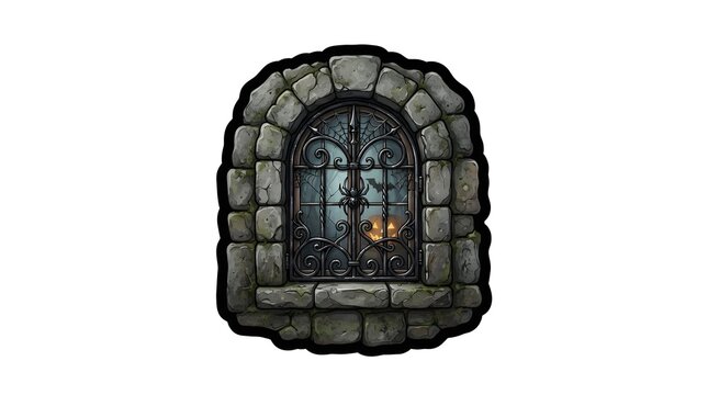 Spooky stone window with wrought iron bars spider web and glowing carved jack o lantern for Halloween holiday decoration sticker