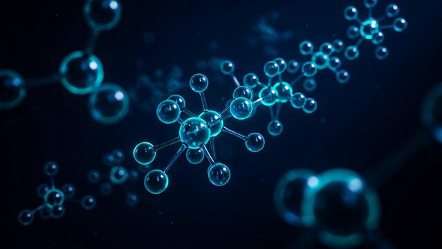 Abstract blue bubbles forming a molecular structure on a dark background