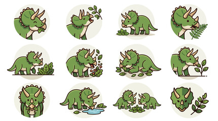 Green triceratops dinosaur icons eating leaves. © arlo