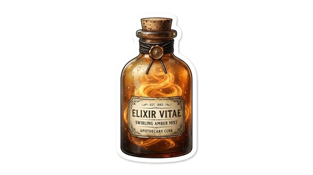 Vintage amber glass apothecary bottle filled with glowing swirling mist and cork stopper isolated on a clean white background
