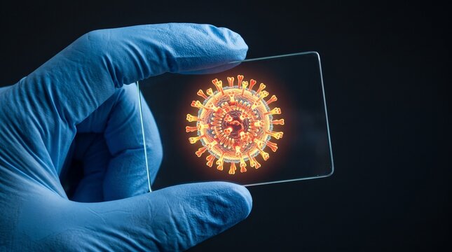 Blue gloved hand holding transparent glass showing glowing coronavirus model.