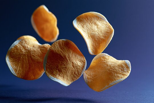 Crispy potato chips floating on deep blue background for snack food packaging and advertising banner design