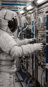 An astronaut in a spacesuit works on technical equipment inside a space station module.