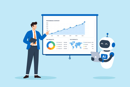 Flat illustration businessman training AI assistant business information machine learning data analysis