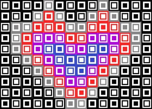 A geometric, pixel-art style digital illustration composed of a grid of nested square motifs. A dark field filled with a pattern of white and black concentric squares.