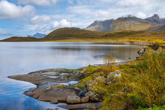 Scenic autumn landscape at Selfjord with mountains and calm water in Lofoten, Norway
40 Keywords: