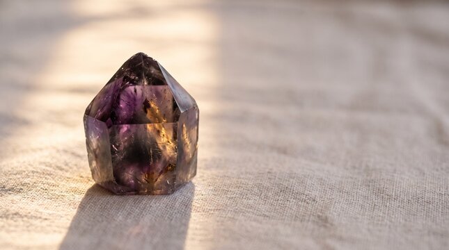 Amethyst crystal point resting on textured fabric with soft natural light