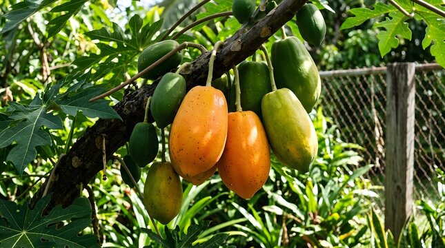 Ripe sapodilla fruits hanging from a tree in a tropical garden