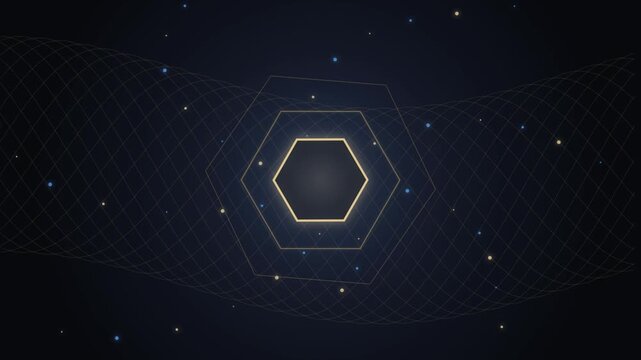 Abstract Geometric Hexagon Motion Background with Glowing Digital Grid Lines and Floating Particles