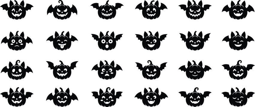 Halloween bat pumpkin faces collection, cute spooky jack o lantern characters, flying bat wings, expressive festive line art clipart vector set