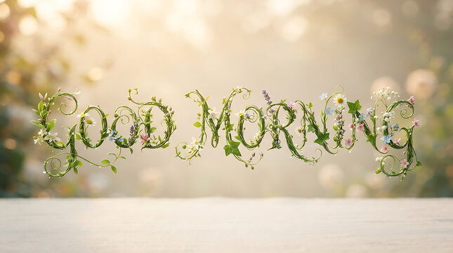 Good Morning botanical typography made of green vines and spring flowers isolated