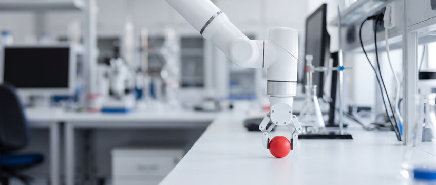 A robotic arm manipulates a red ball on a clean white lab bench in a modern research laboratory setting.