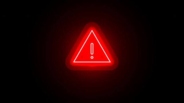 An extremely bright, 3x intensity glowing neon red warning attention icon. Features a hollow exclamation mark inside a rounded triangle with additive blending for maximum luminance and realistic flick